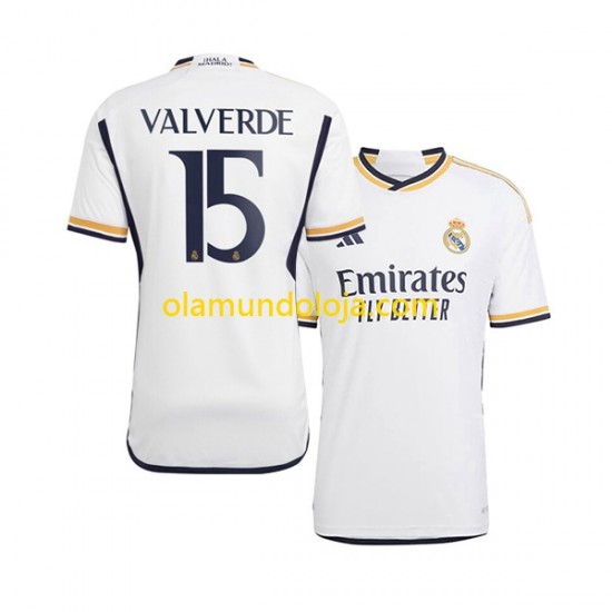 Camisola Real Madrid Federico Valverde 15 Homem Equipamento Primeiro 2023-2024 Manga Curta